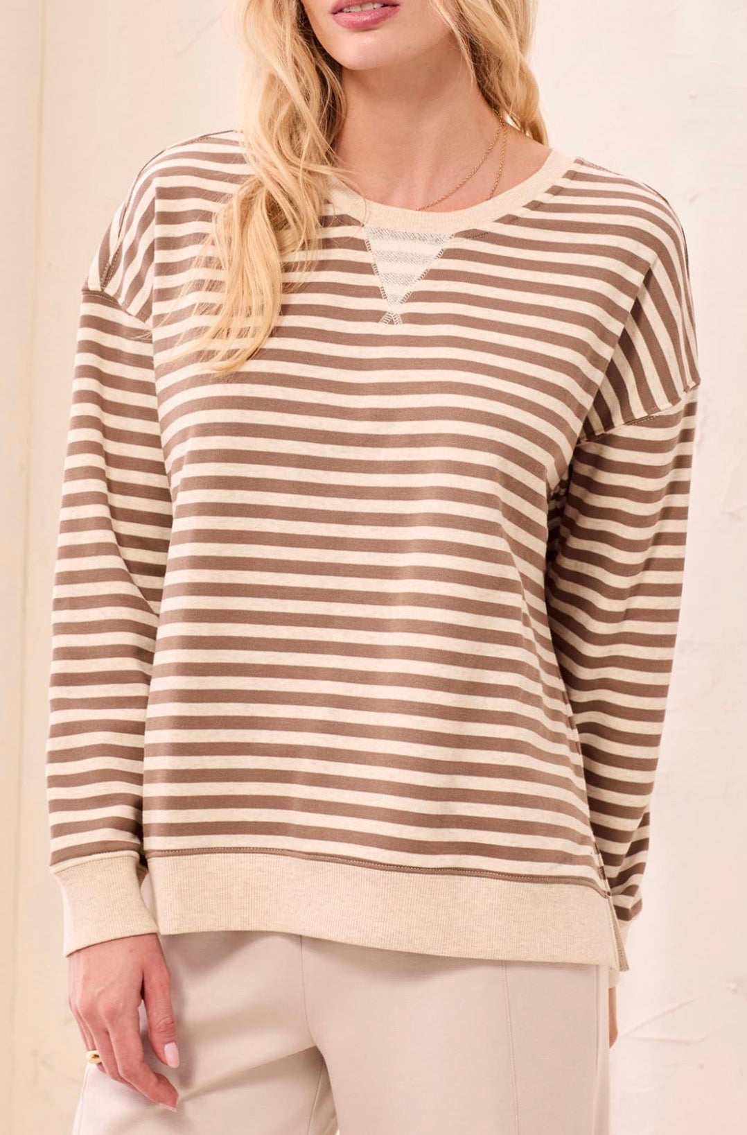 Crew Neck Top with V Inset - Fossil
