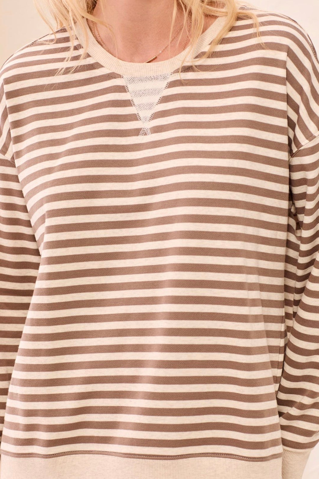 Crew Neck Top with V Inset - Fossil