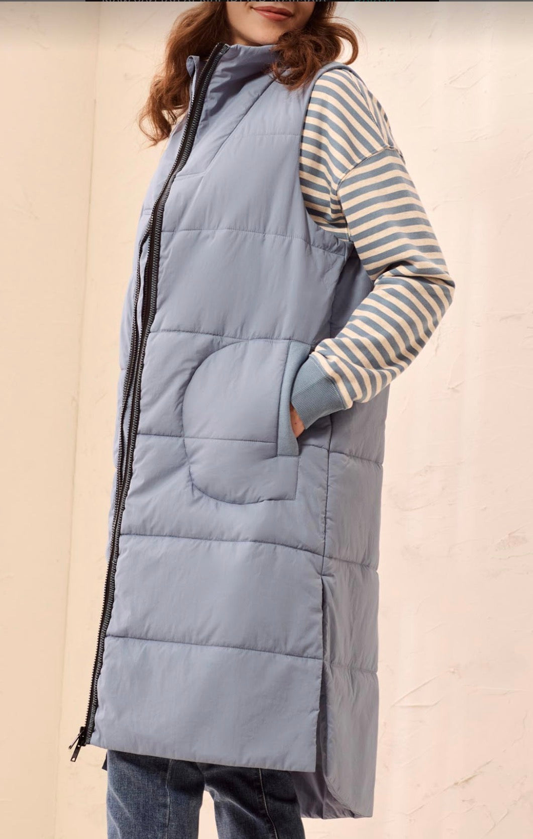 Long Zip Front Quilted Vest - Blue Fog
