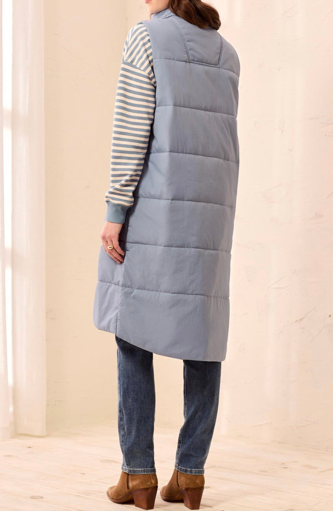 Long Zip Front Quilted Vest - Blue Fog