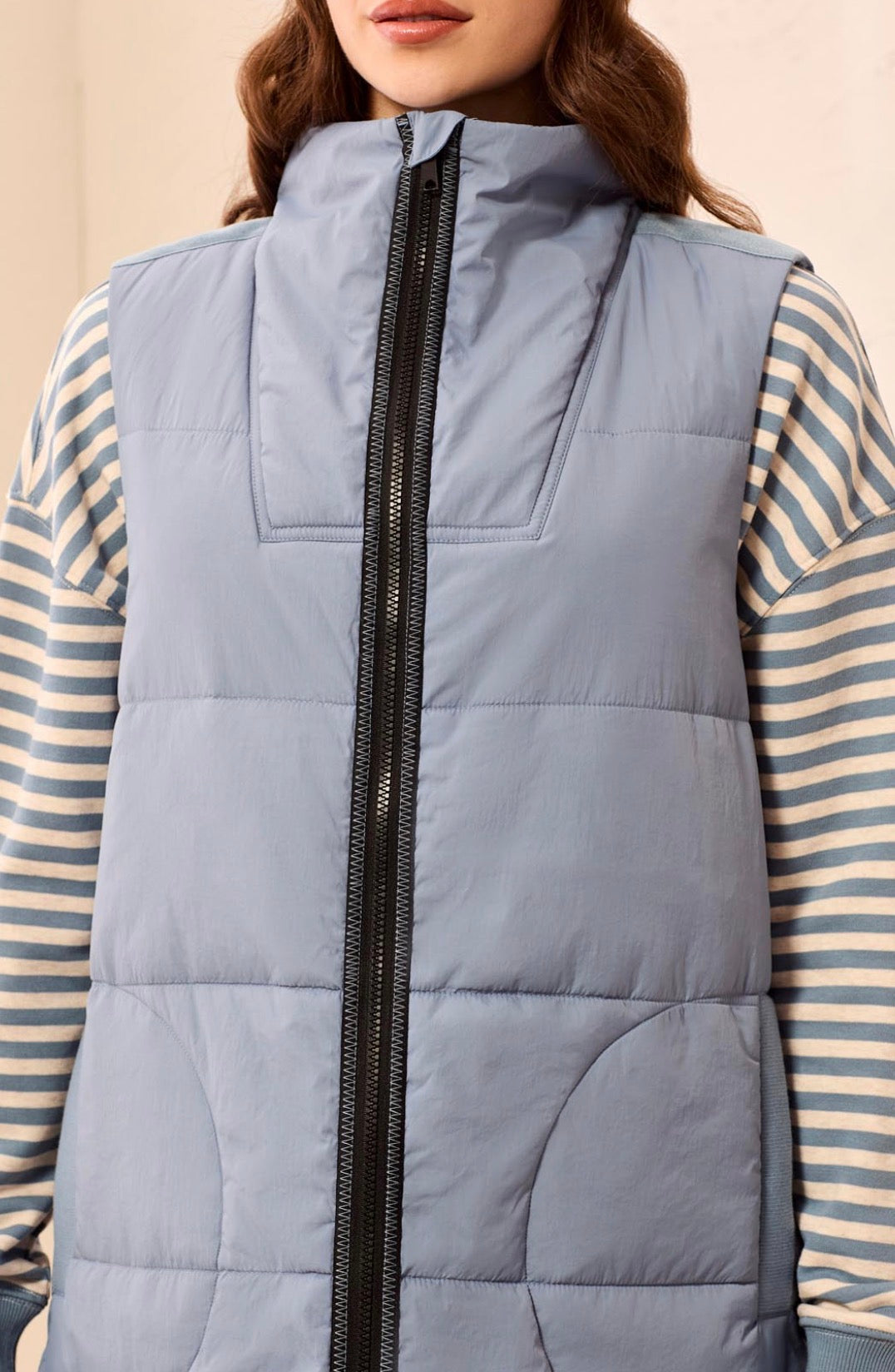 Long Zip Front Quilted Vest - Blue Fog