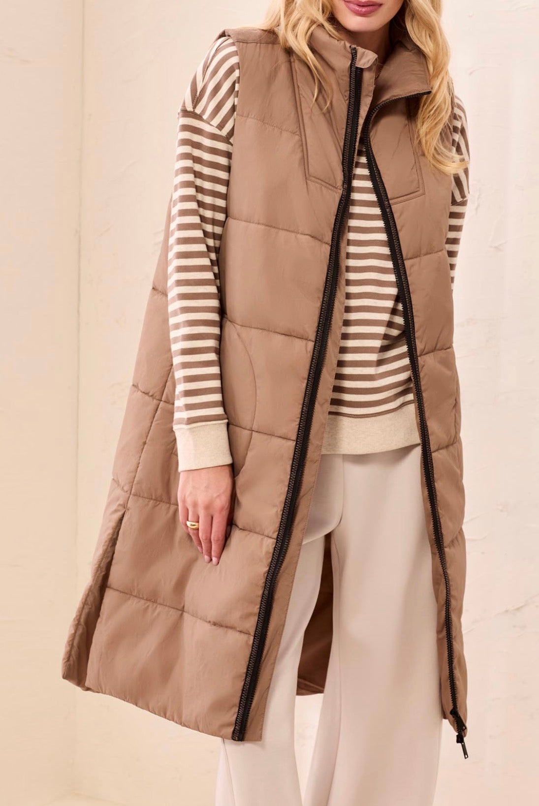 Long Zip Front Quilted Vest - Fossil
