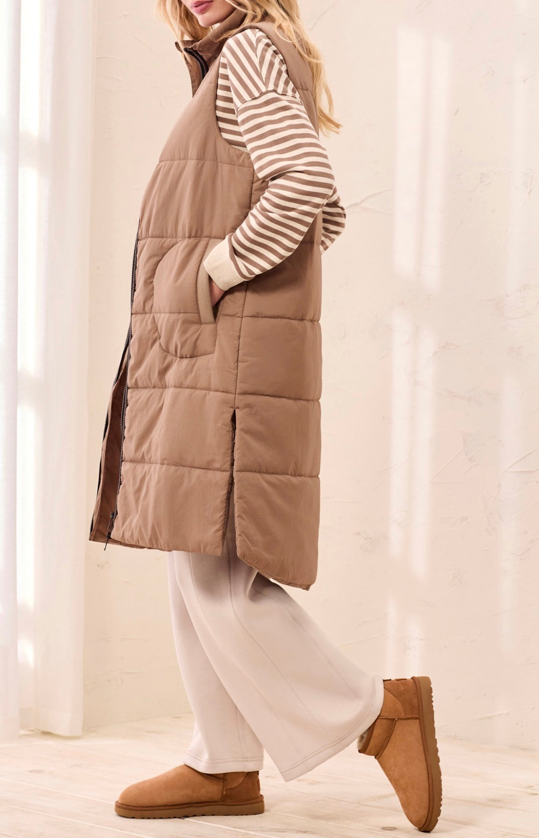 Long Zip Front Quilted Vest - Fossil