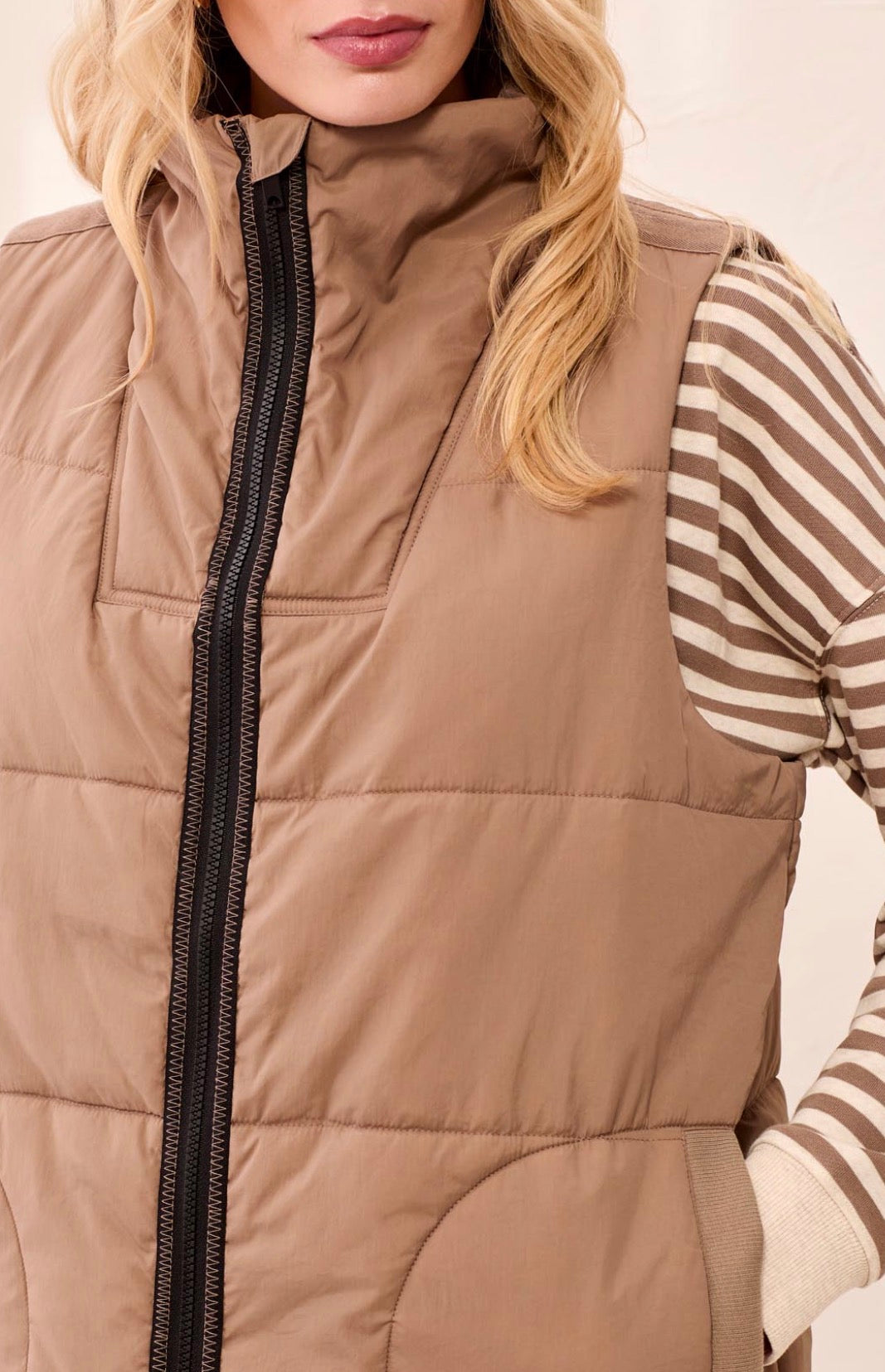 Long Zip Front Quilted Vest - Fossil