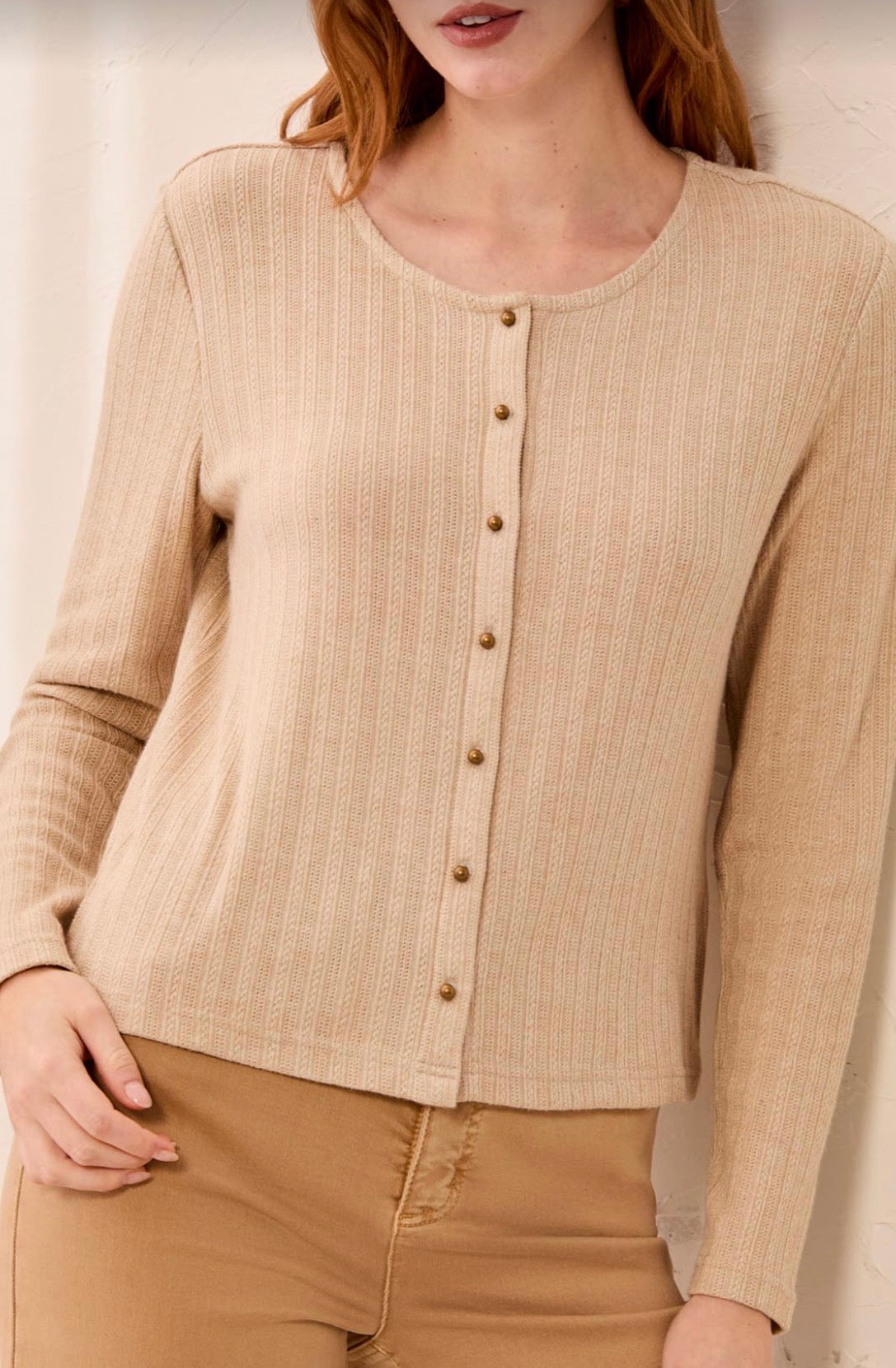 Crew Neck Cardigan Sweater - Oatmeal