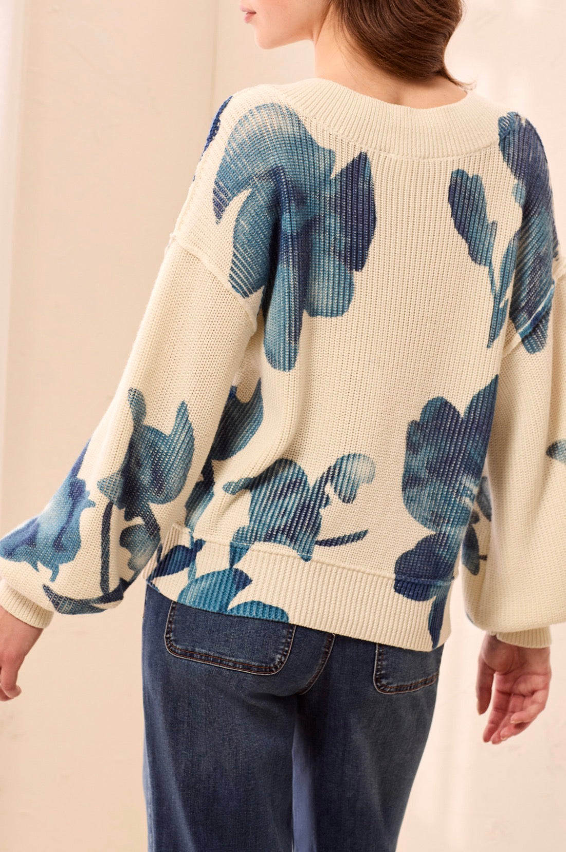 Floral Print Sweater with Puffed Sleeves - Cream