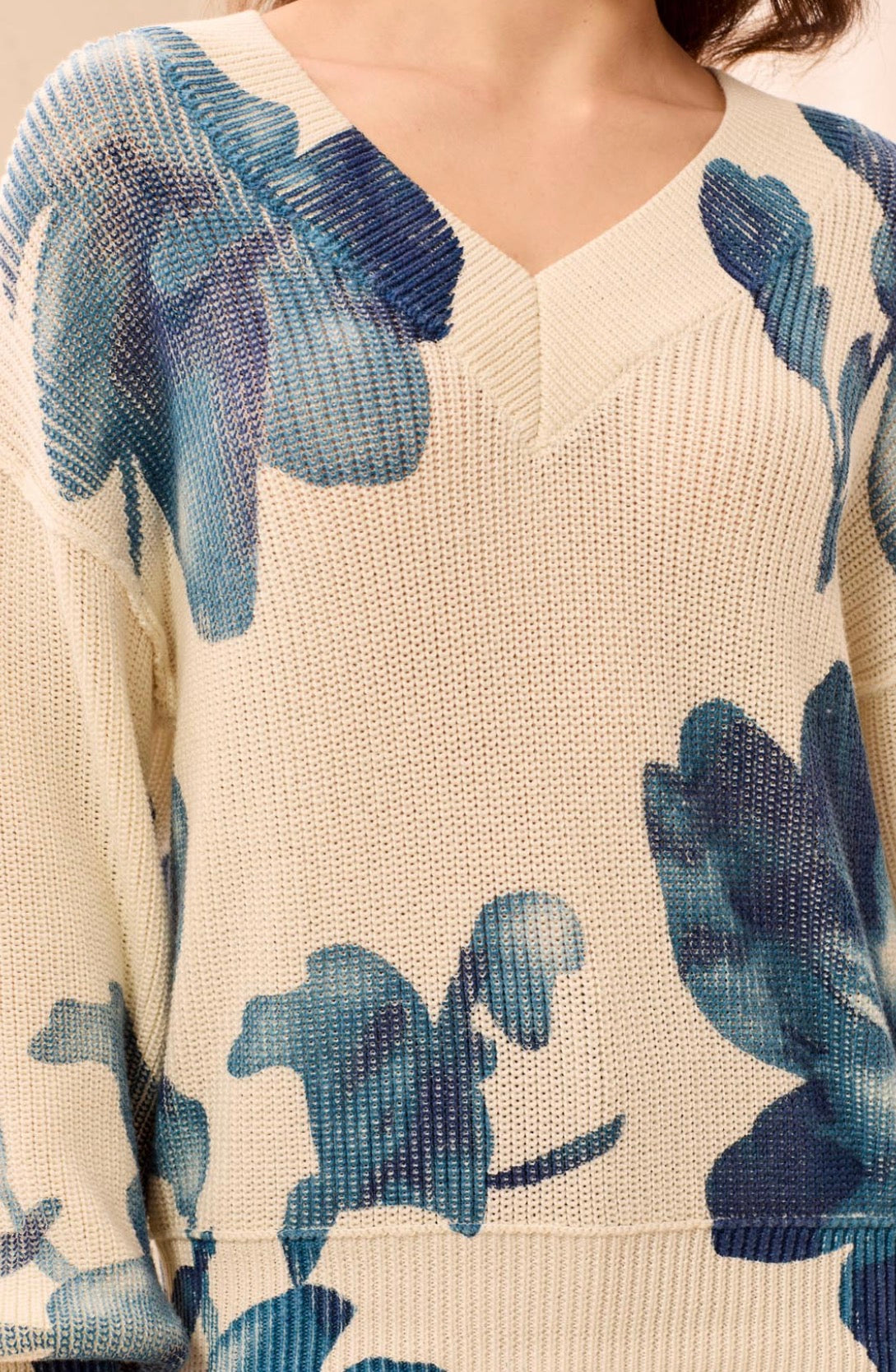 Floral Print Sweater with Puffed Sleeves - Cream
