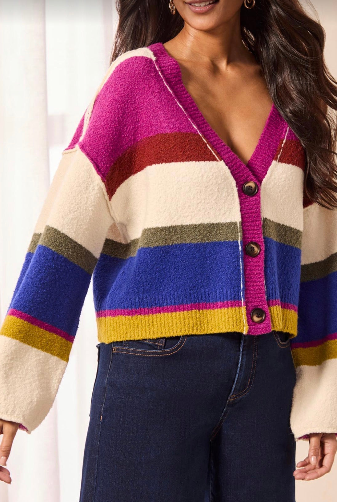 V-Neck Cardigan Sweater with Puffed Sleeves - Cream Multi