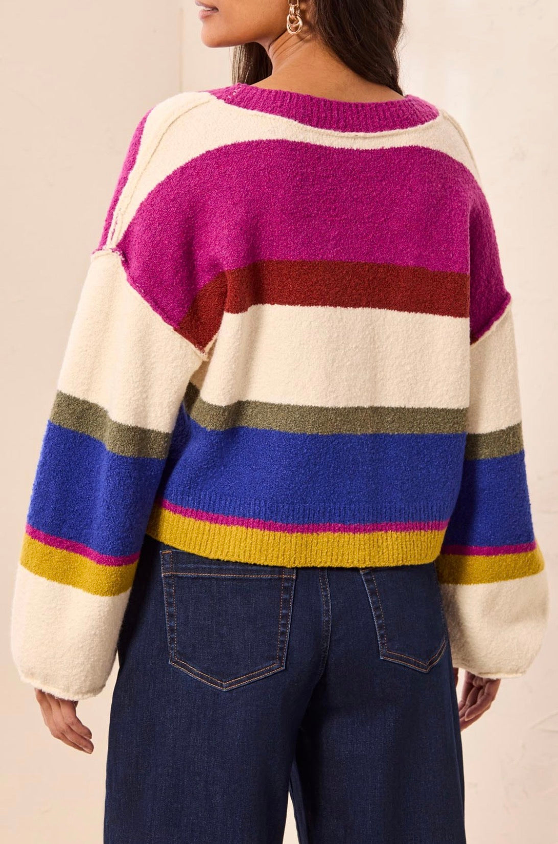V-Neck Cardigan Sweater with Puffed Sleeves - Cream Multi