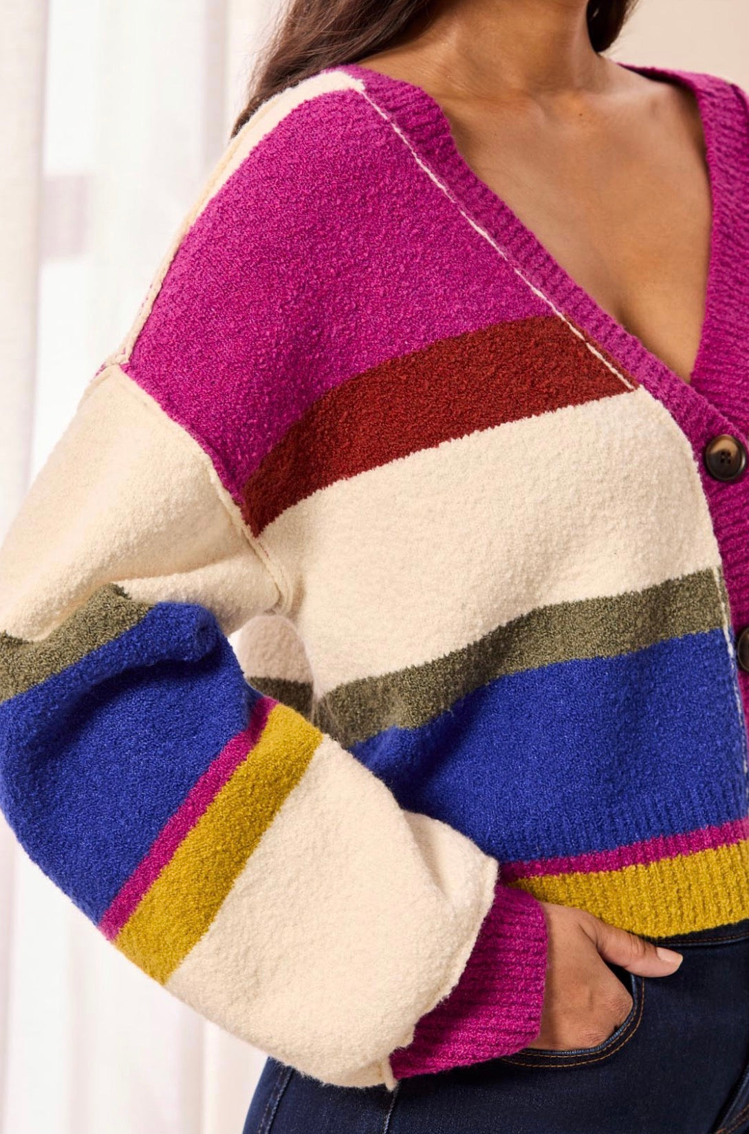 V-Neck Cardigan Sweater with Puffed Sleeves - Cream Multi