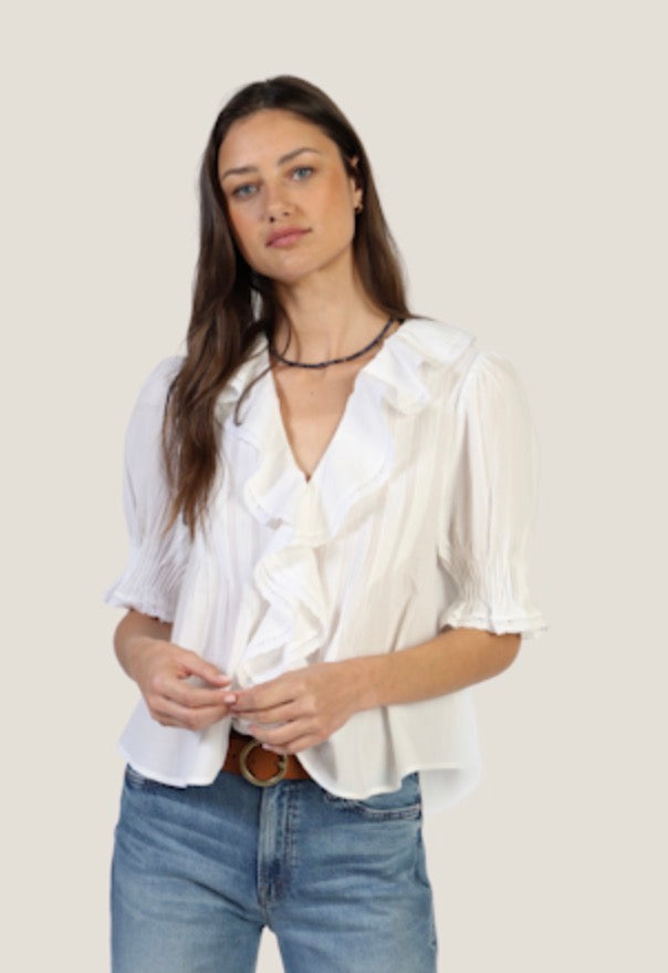Elle Ruffle Front Top with 3/4 Sleeves - White