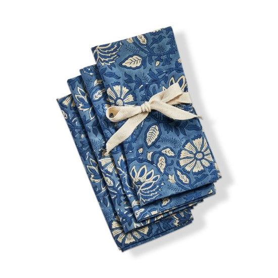 Floral Block Cloth Napkins - Blue - Set of 4