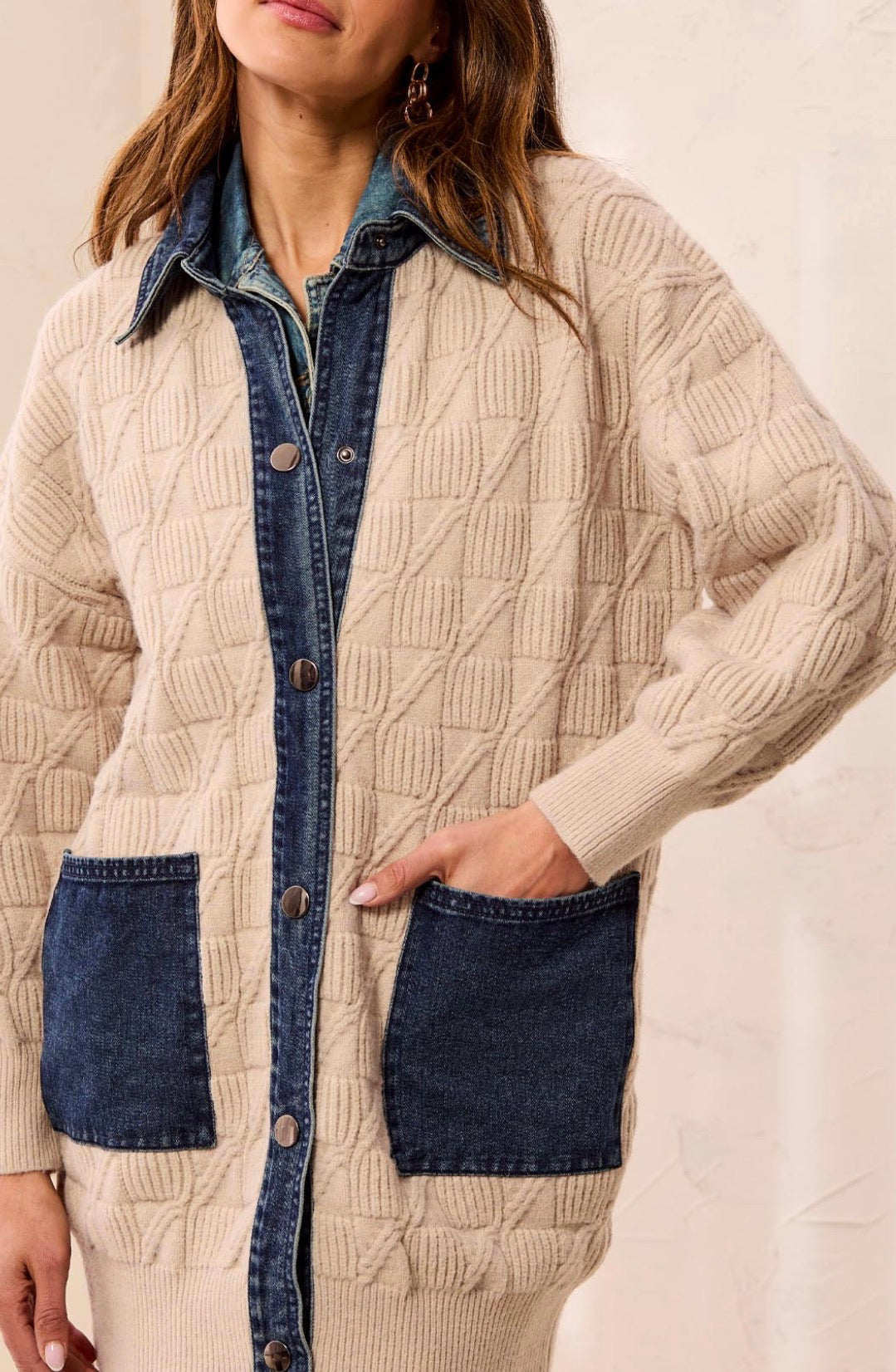 Mixed Media Sweater Coatigan with Denim Trim - Ivory