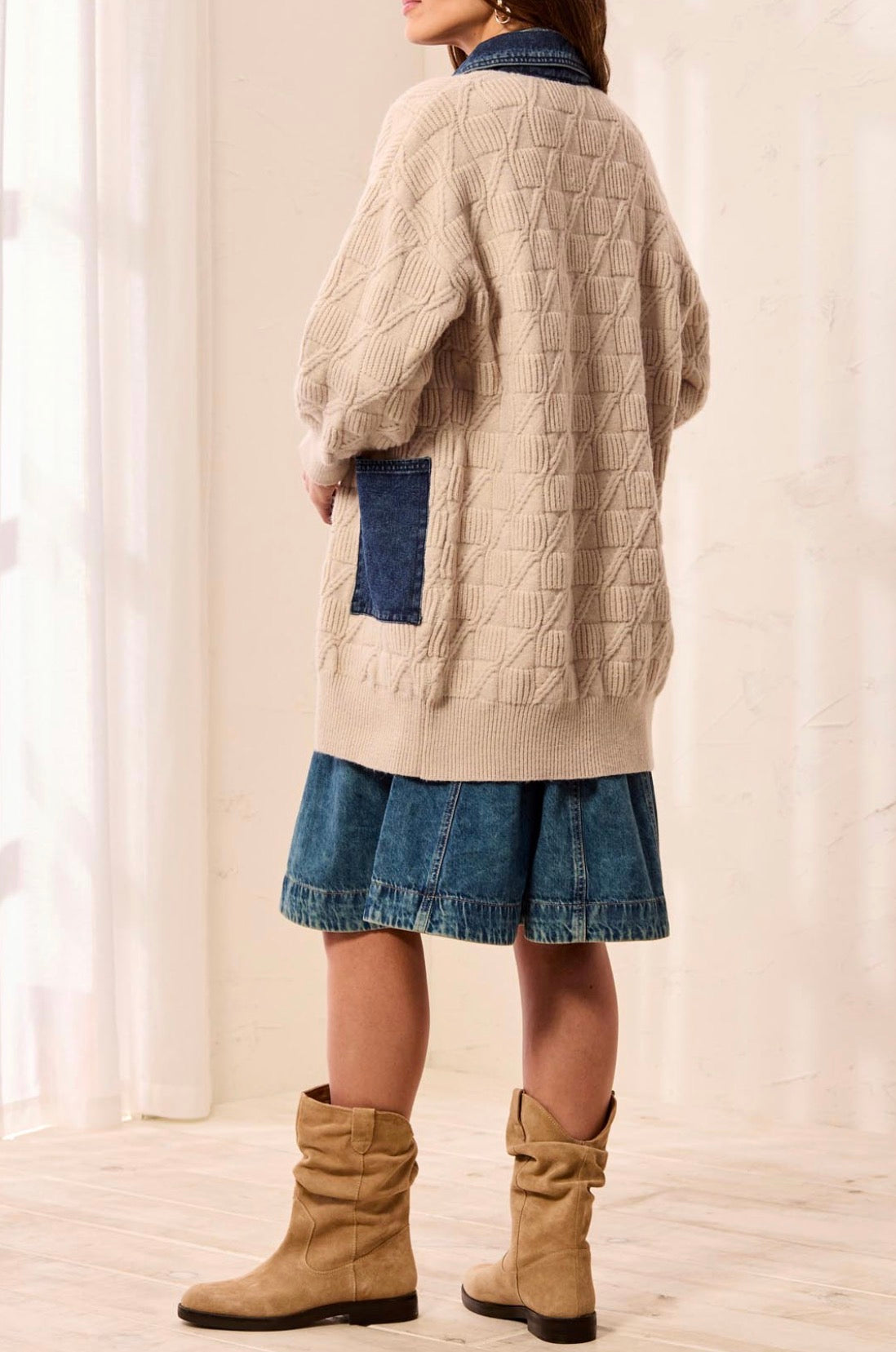 Mixed Media Sweater Coatigan with Denim Trim - Ivory