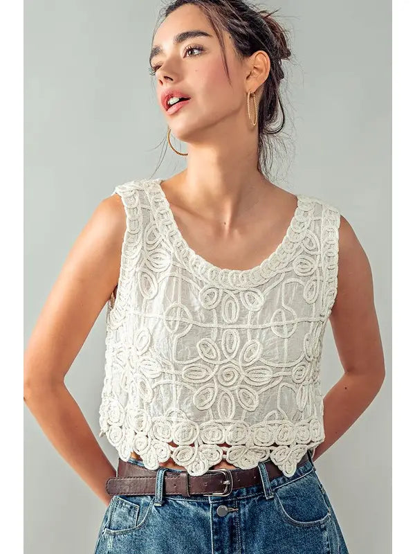 Sleeveless Crop Top with Floral Lace - Natural