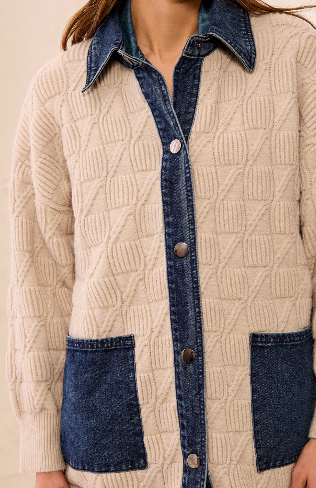 Mixed Media Sweater Coatigan with Denim Trim - Ivory