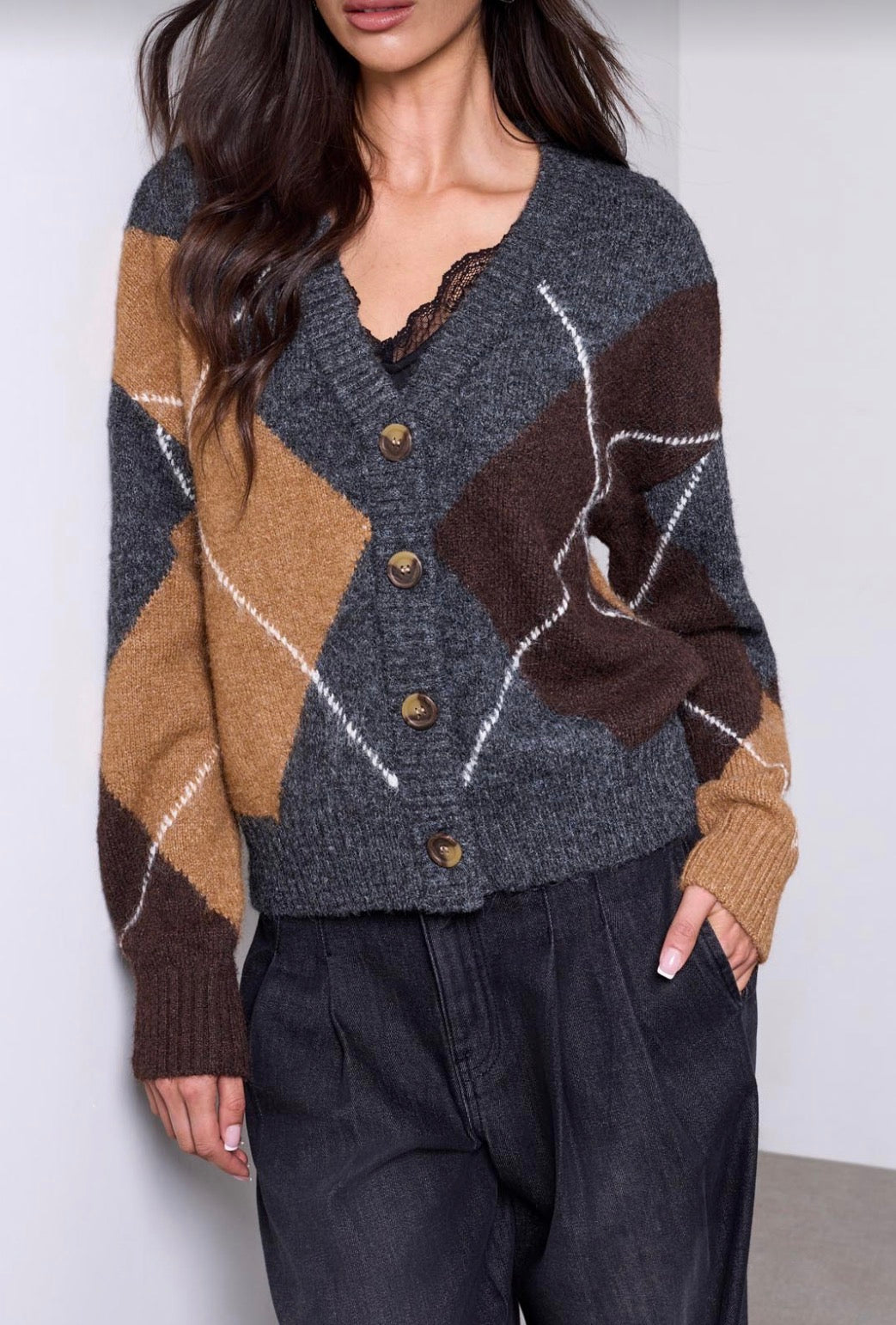 Lofty Argyle Cardigan Sweater - Charcoal