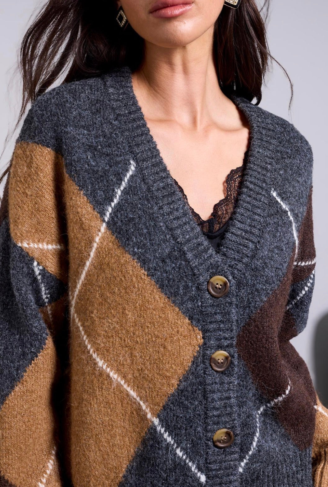 Lofty Argyle Cardigan Sweater - Charcoal