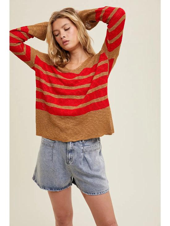 Striped Crocheted Sweater - Red/Camel