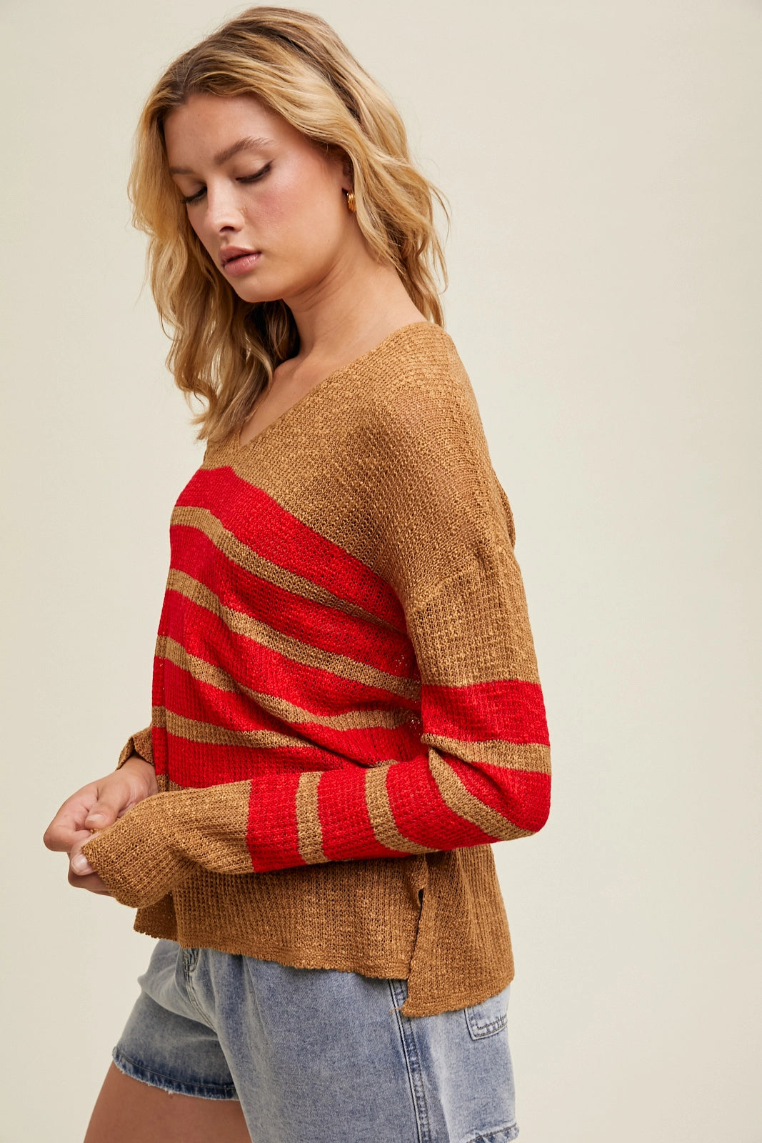 Striped Crocheted Sweater - Red/Camel