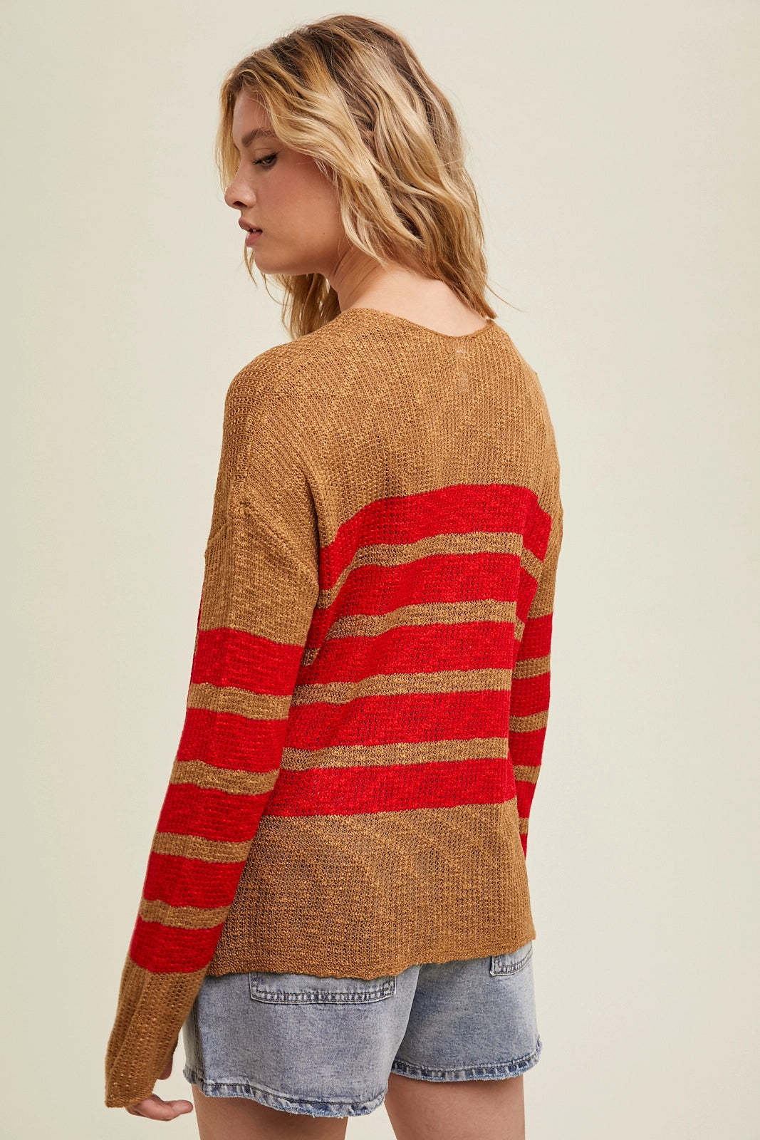 Striped Crocheted Sweater - Red/Camel