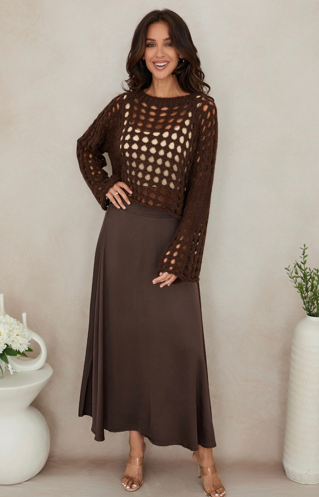 Open Weave Crocheted Cropped Sweater - Chocolate Brown