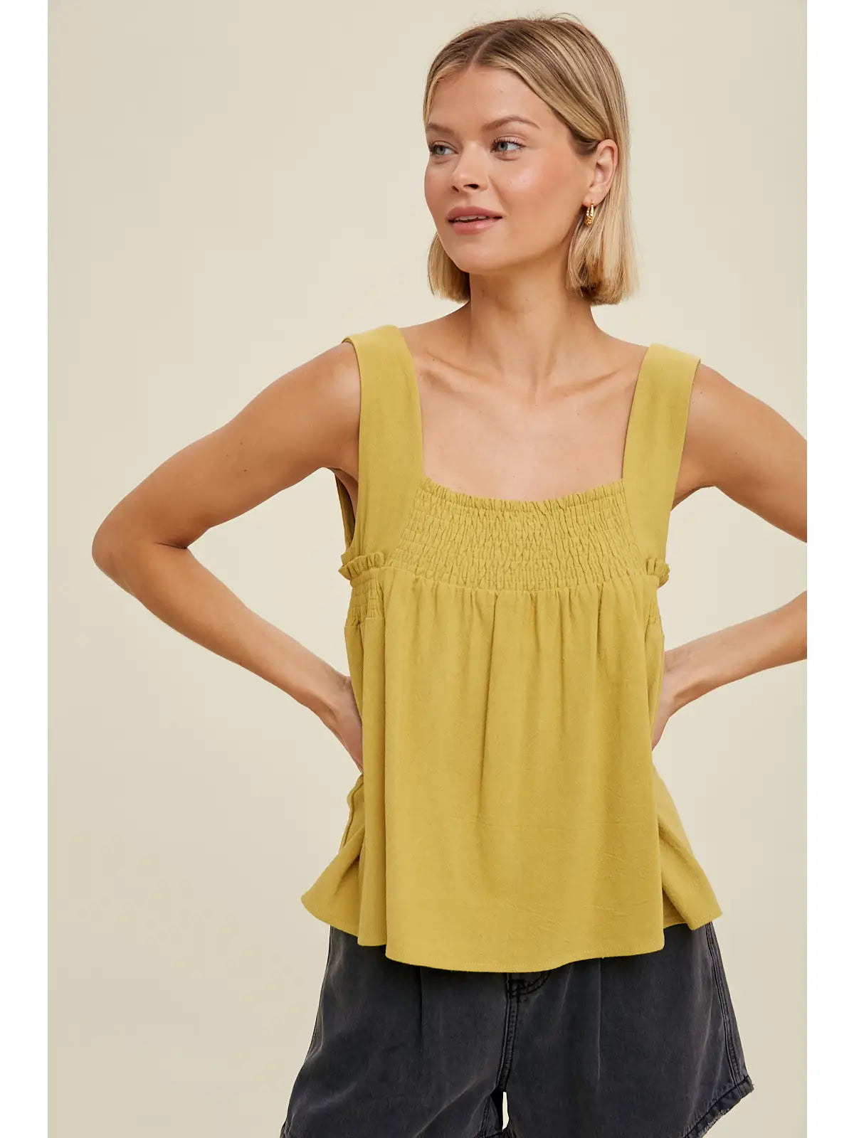 Square Neck Sleeveless Top with Smocking - Chartreuse