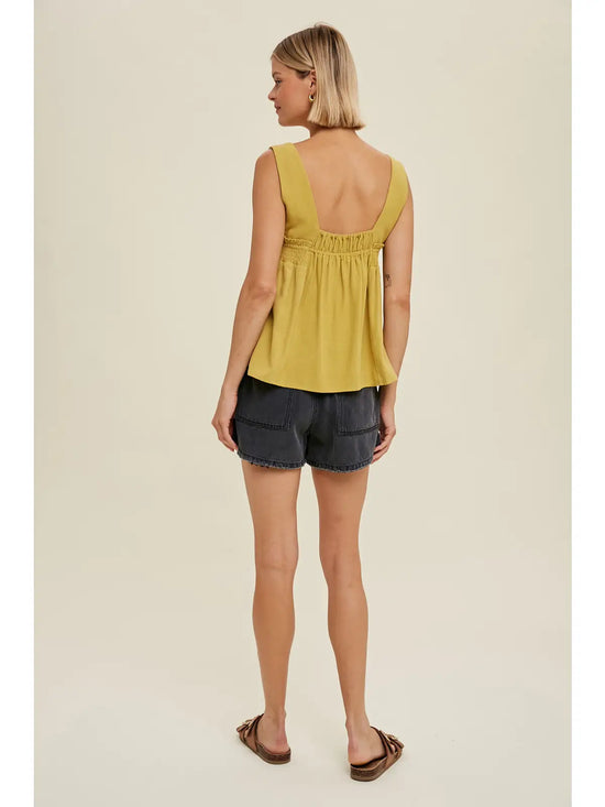 Square Neck Sleeveless Top with Smocking - Chartreuse