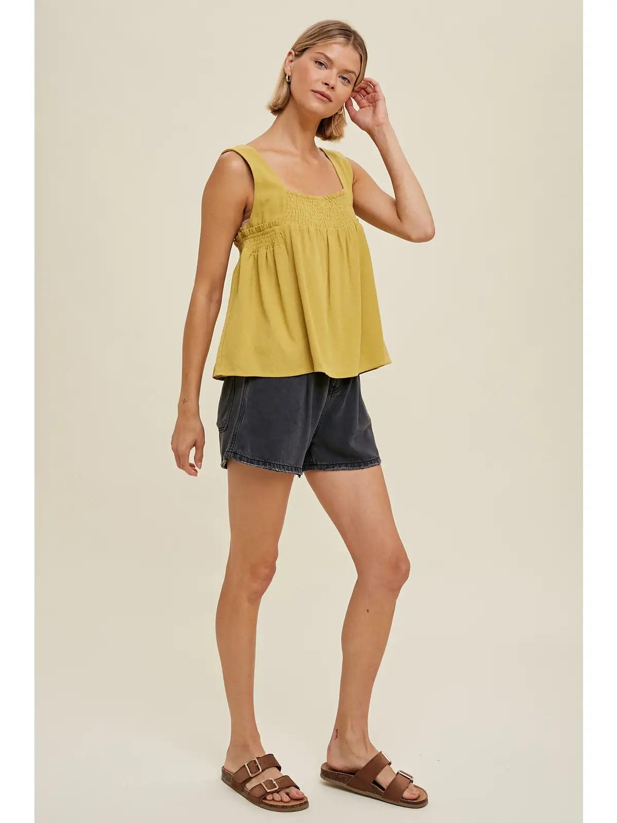 Square Neck Sleeveless Top with Smocking - Chartreuse