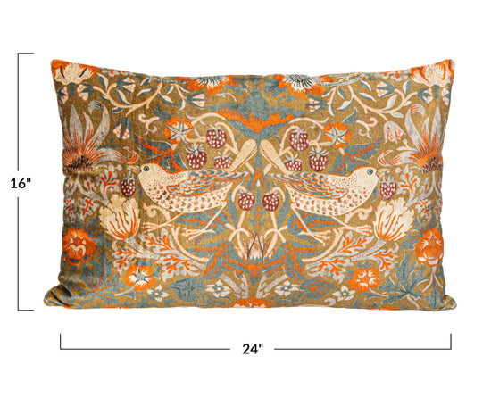 Cotton Velvet Bird & Floral Lumbar Pillow