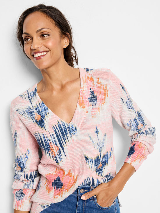 Abstract Floral Wafflestitch V-Neck Sweater - Pink