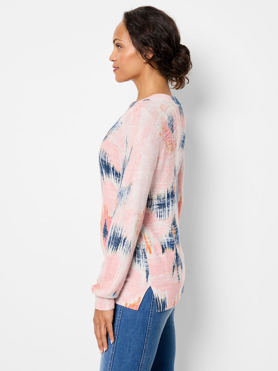 Abstract Floral Wafflestitch V-Neck Sweater - Pink