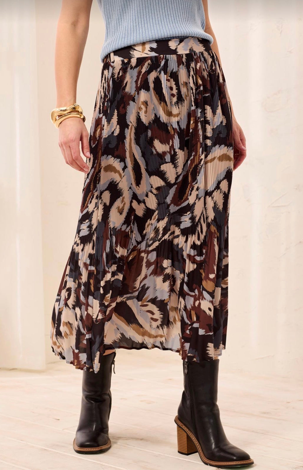 Flowy Plisse Printed Midi Skirt - Steel