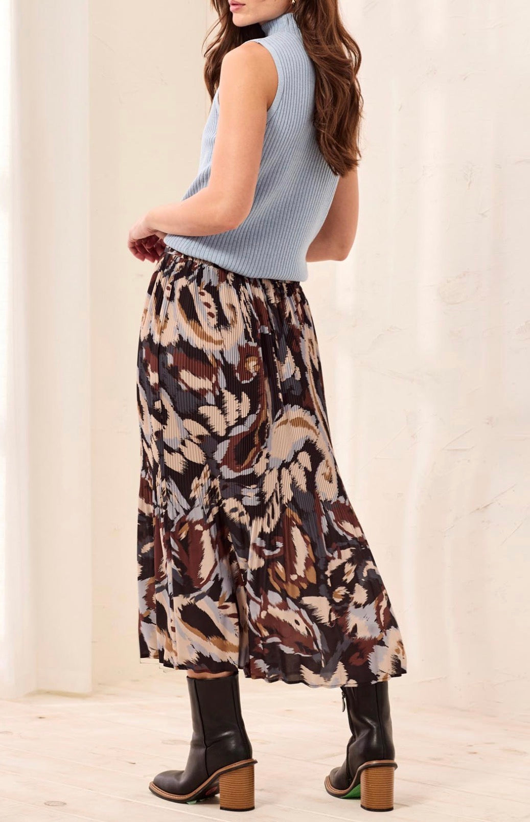 Flowy Plisse Printed Midi Skirt - Steel