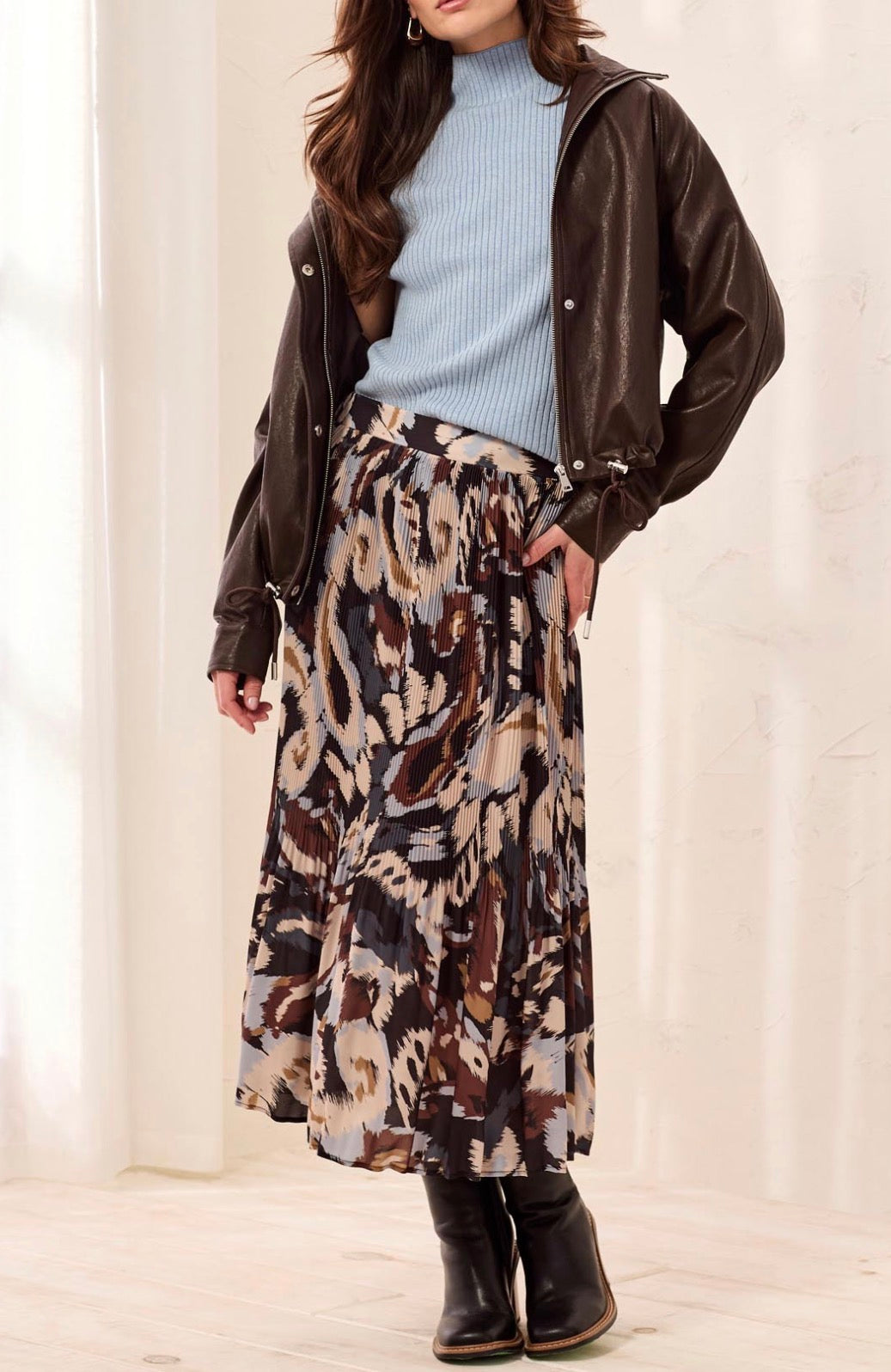 Flowy Plisse Printed Midi Skirt - Steel