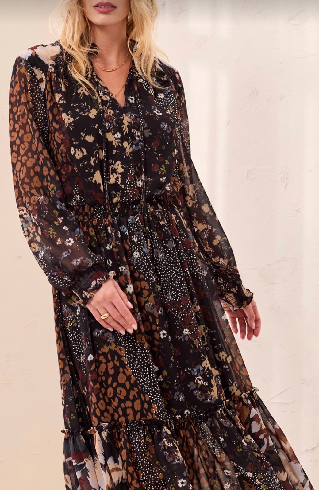 Mixed Print Drama Midi Dress with Smocking - Rustic Brown