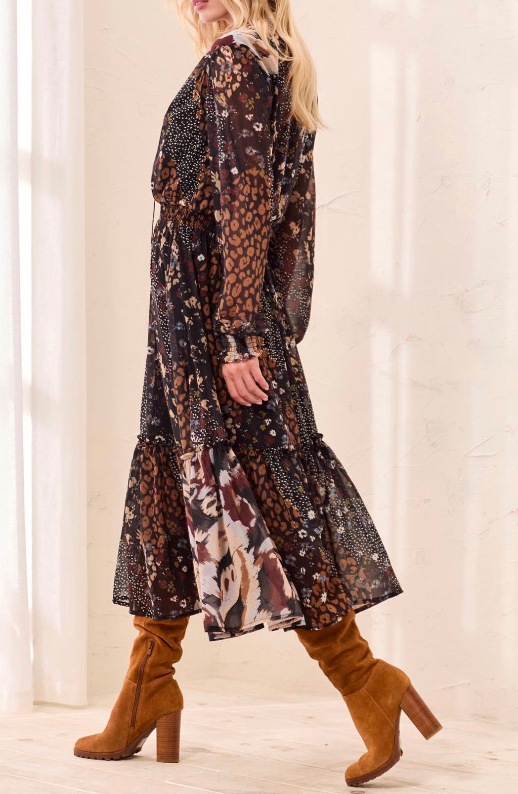 Mixed Print Drama Midi Dress with Smocking - Rustic Brown