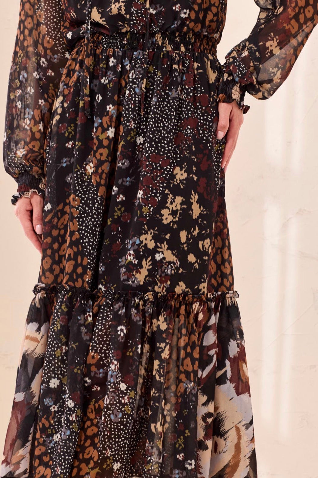 Mixed Print Drama Midi Dress with Smocking - Rustic Brown