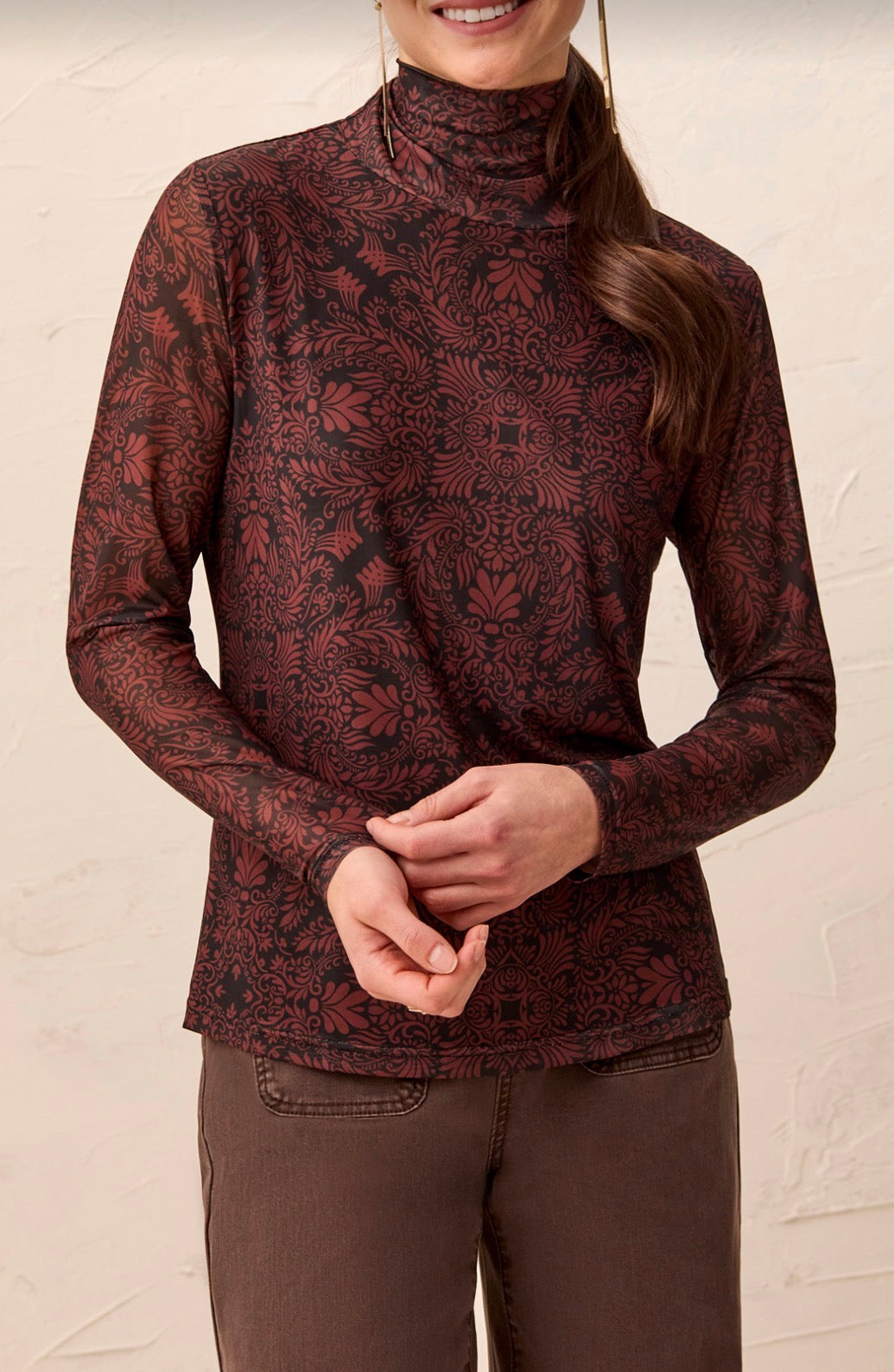 Mesh Turtleneck Top with Lining - Rustic Brown