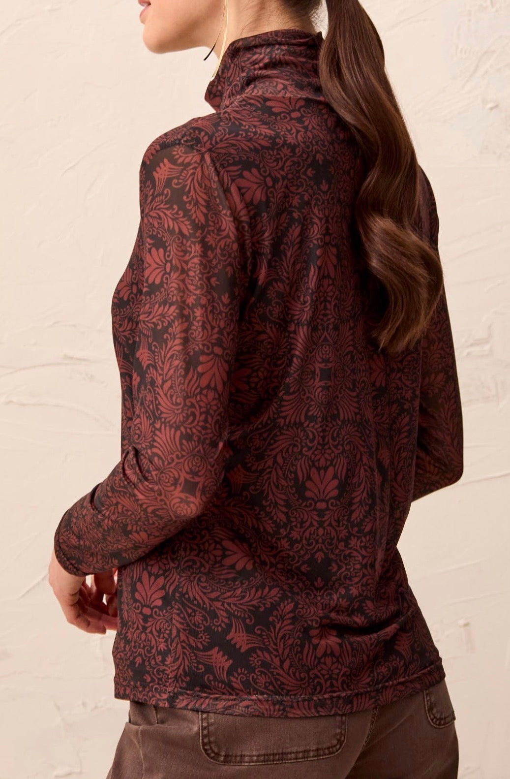 Mesh Turtleneck Top with Lining - Rustic Brown