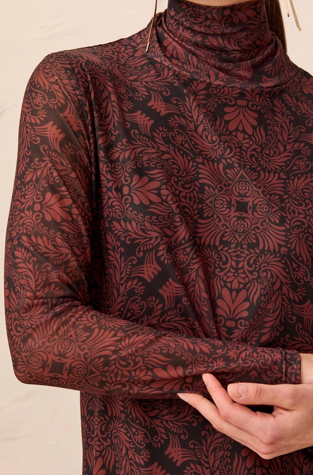 Mesh Turtleneck Top with Lining - Rustic Brown