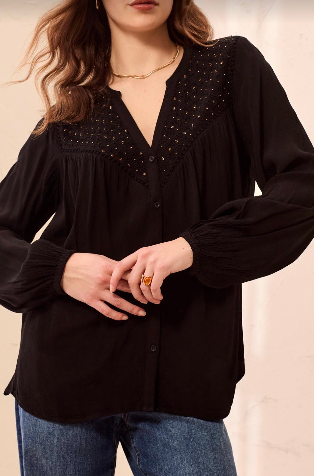 Beaded Top with Embroidery - Black