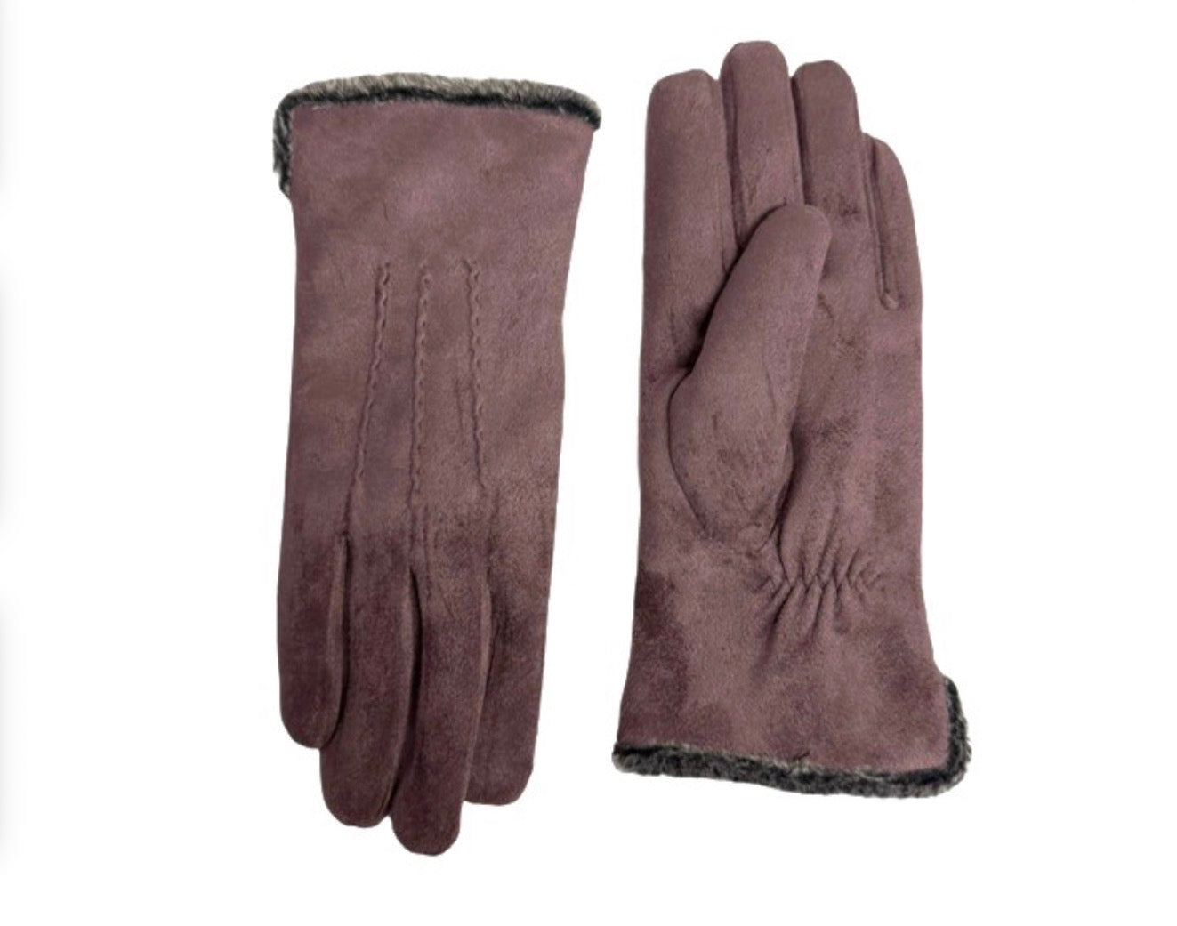 Micro Suede Gloves with Faux Fur Lining - Raisin