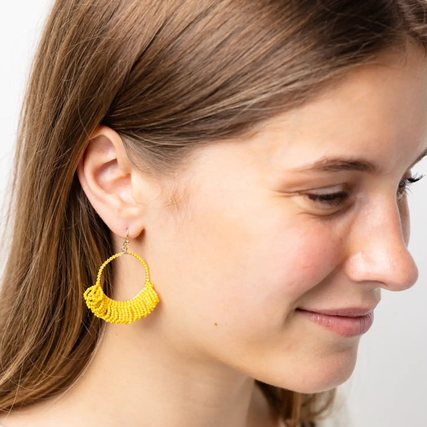 Kendra Seed Bead Fringe Hoop Earrings - Yellow