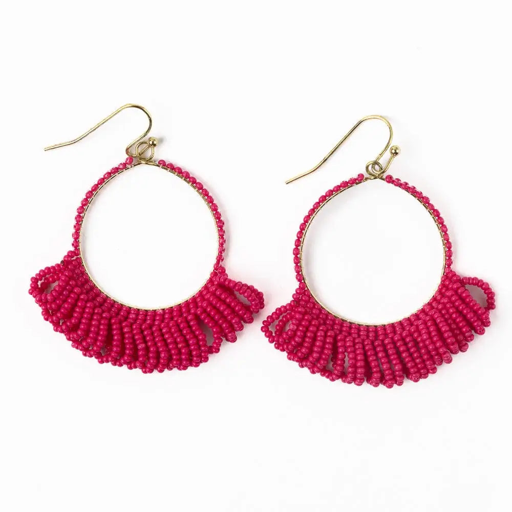 Kendra Seed Bead Fringe Hoop Earrings - Hot Pink