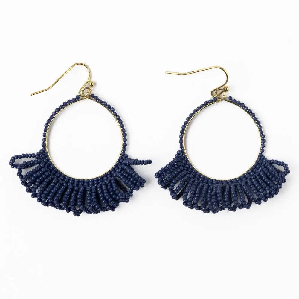 Kendra Seed Bead Fringe Hoop Earrings - Navy