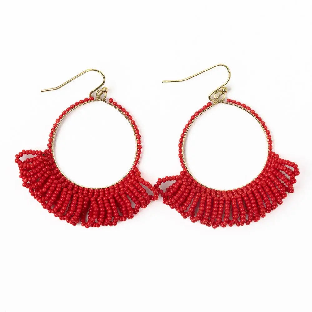 Kendra Seed Bead Fringe Hoop Earrings - Red