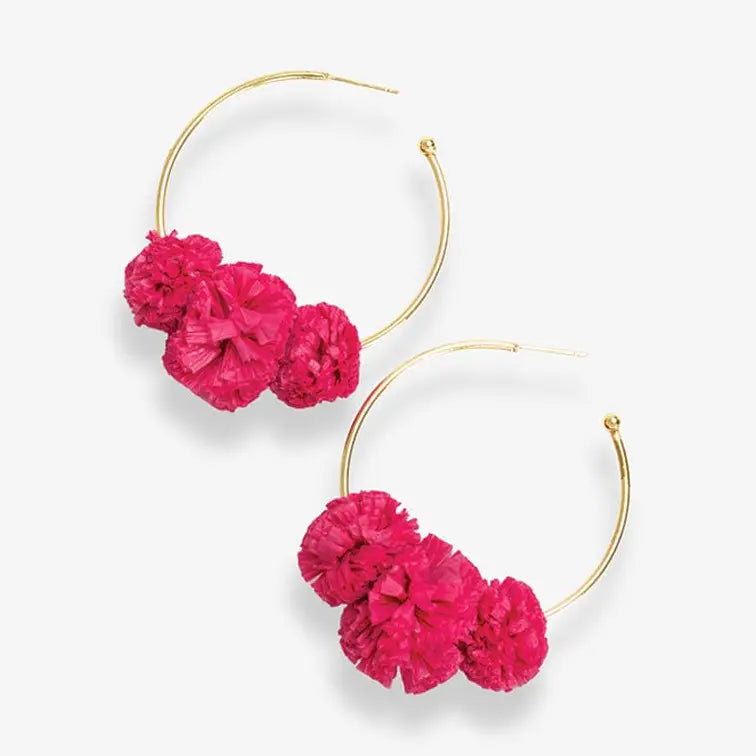Rita Raffia Pom Hoop Earrings - Hot Pink