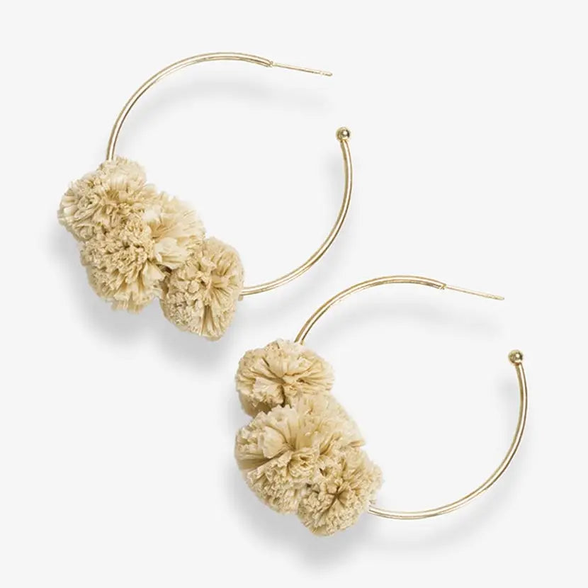 Rita Raffia Pom Hoop Earrings - Ivory