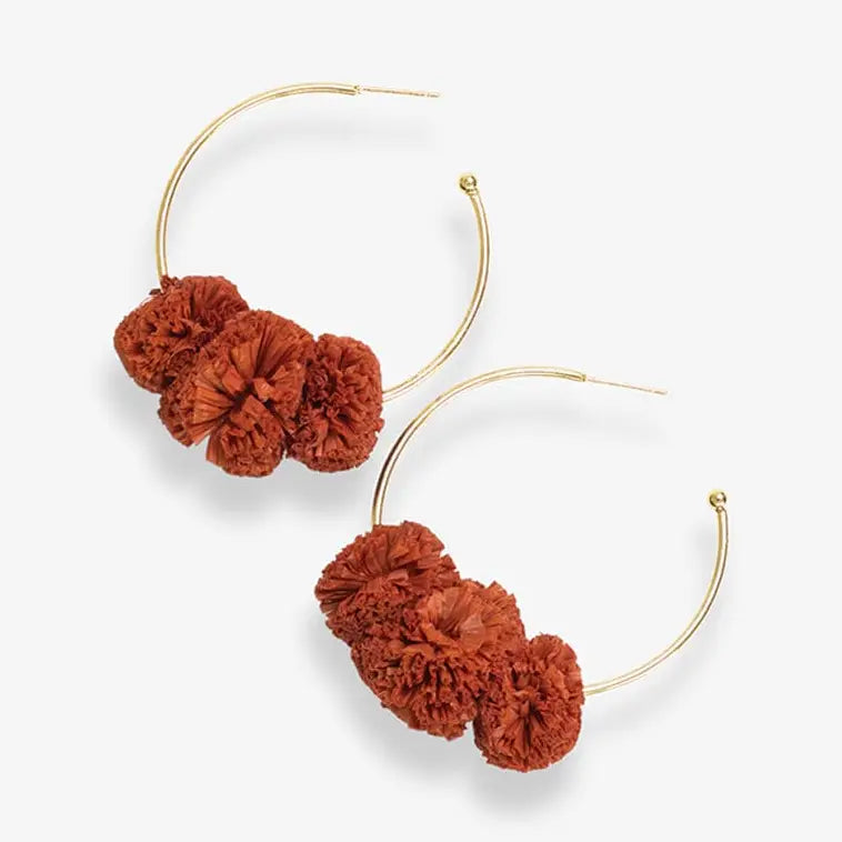 Rita Raffia Pom Hoop Earrings - Rust